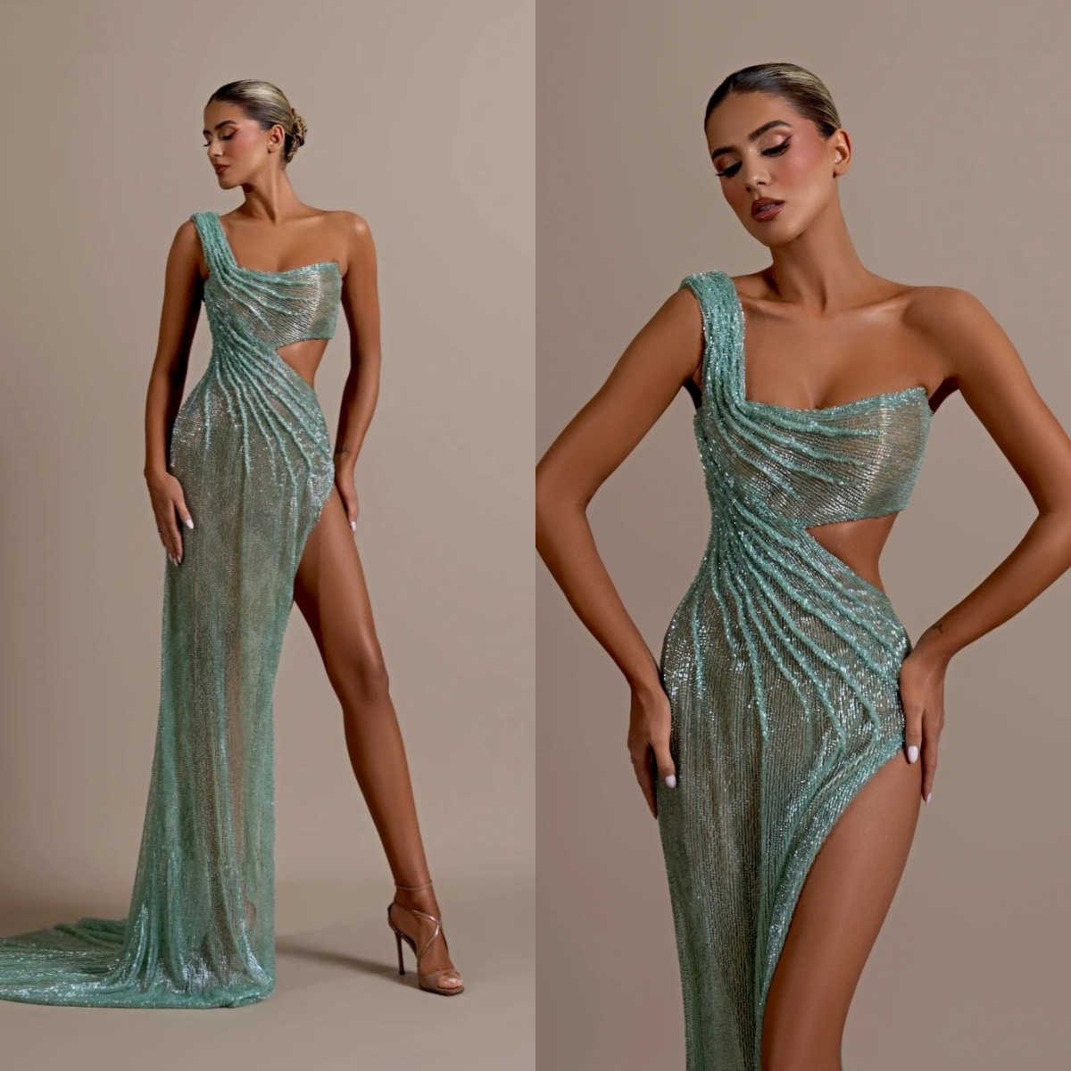 Fashion Evening Dresses For Women One Shoulder Sleeveless Gown Sequins Split Side Backless Sweep Train Party Customized Dress