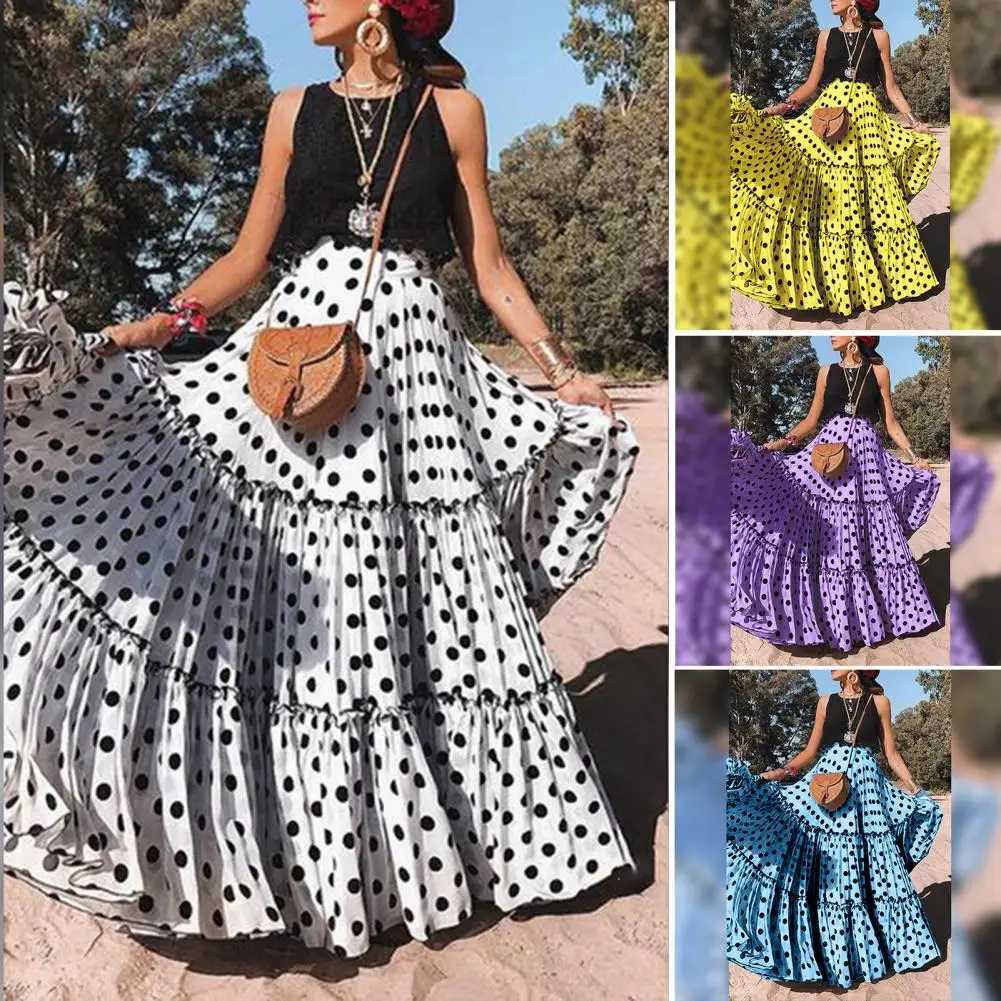 Skirts Skirt High Waist Polka Dot Ruffle New Arrives Summer Womens Large Size Ruffle A-line Swinging Maxi Wholesale Direct Shipping Y250314IAWA