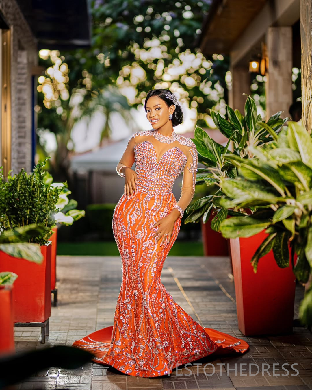 2025 Plus Size Orange Prom Dresses Mermaid Evening Dresses For Special Occasions High Neck Long Sleeves Beaded Lace Birthday Dress Second Reception Go