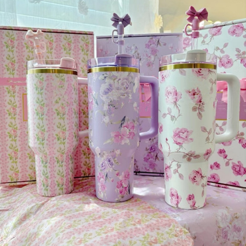 USA Warehouse 40oz LOVE Shack Fancy Cups With Bow Topper Stainless Steel Tumblers with handle Chocolate Gold Travel Car Mugs Purple Stars Water Bottles 0314