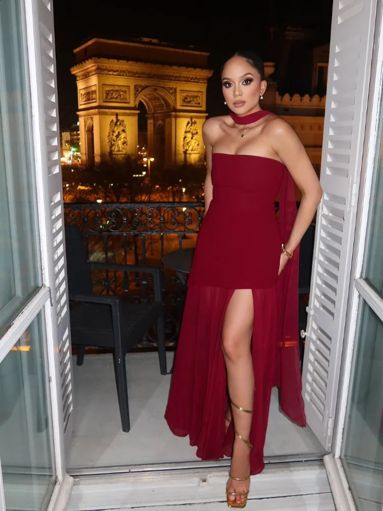 Straps Women Solid Chest Wrapped Dress With Scarf Backless Mesh Sheer Contrasting Spilt Robe 2025 Summer Lady Beach Party Wear 250313