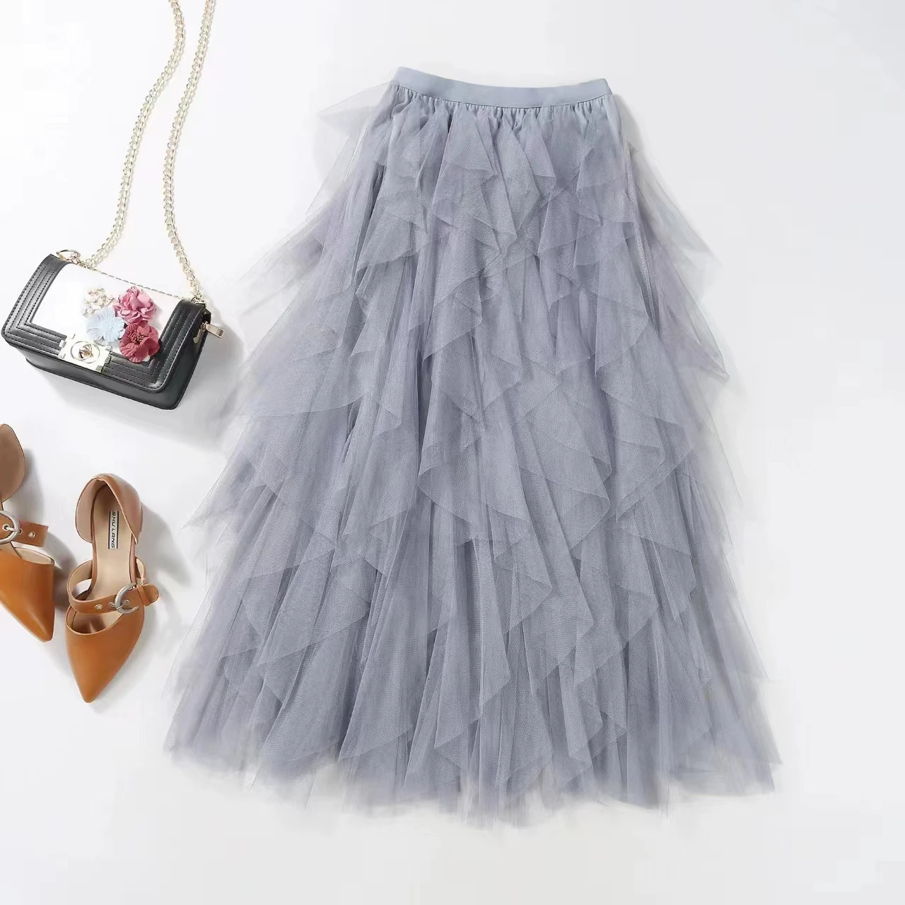 Womens Half Length Skirt Irregular Mesh High Waisted Versatile Slimming A-line Fluffy Gauze Medium Length Half Length Skirt 250314