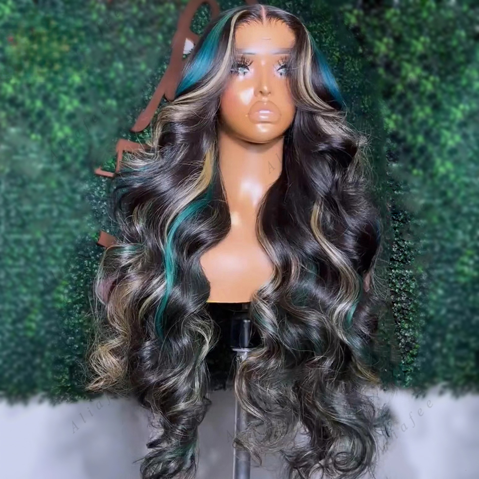 Free shipping New Malaysian Highlights Blue Blonde Colored 13x6 Transparent Lace Frontal Wig 13x4 Body Wave Human Hair Wigs PrePlucked SyntheticWig fo