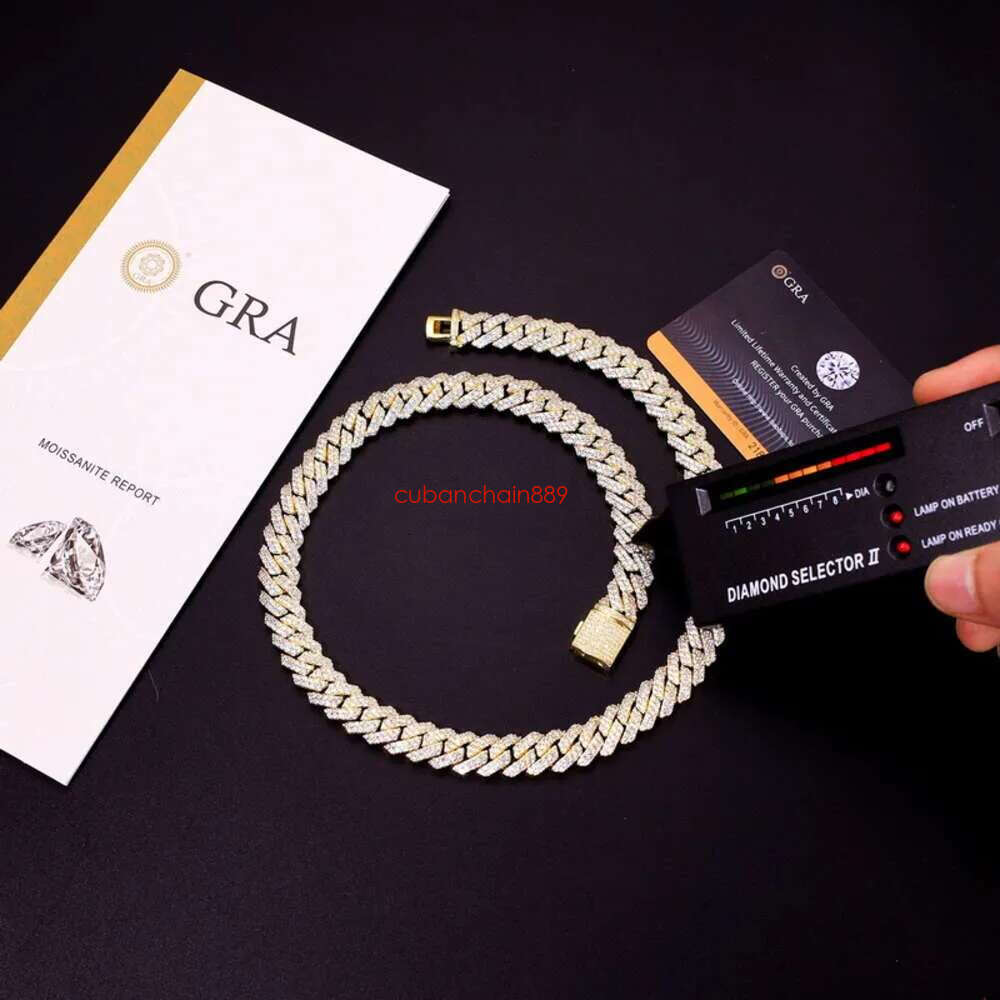 Designer Necklace Hip Hop 2 Rows Stones 14mm Sterg Sier White Gold Plated Iced VVS Dia Moissanite Cuban k Chain Rock Jewelry Gift with Gra