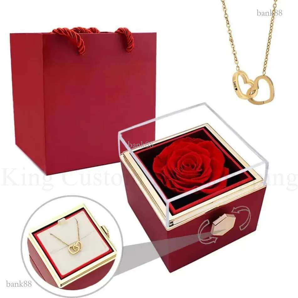Eternal Real Rose box Preserved Rose Double Heart Custom Engraved Name Steel Necklace for Valentines Birthday Jewelry Gift 240626