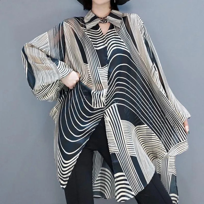 Oversized Striped Chiffon Summer Shirt Women Blouse Holiday Style Ladies Casual Sunscreen Loose Large Shirts 4XL Tops 250313