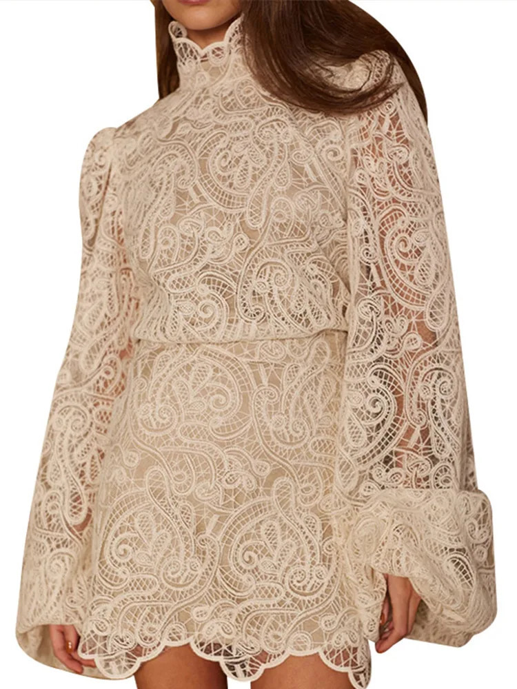 Elegant Hollow Out Lace Suit Women Turtleneck Lantern Sleeves Tops Hip Package Mini Skrit Female Set 2025 Early Spring Lady Sets250312