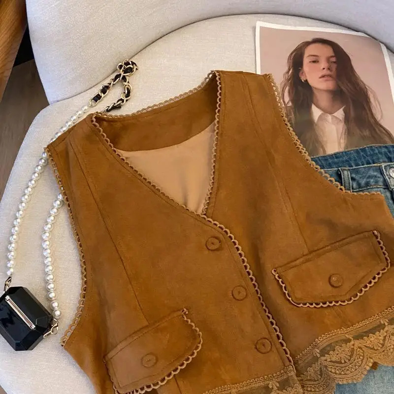 Womens Suede Vest Lace Patchwork Waistcoat 250314