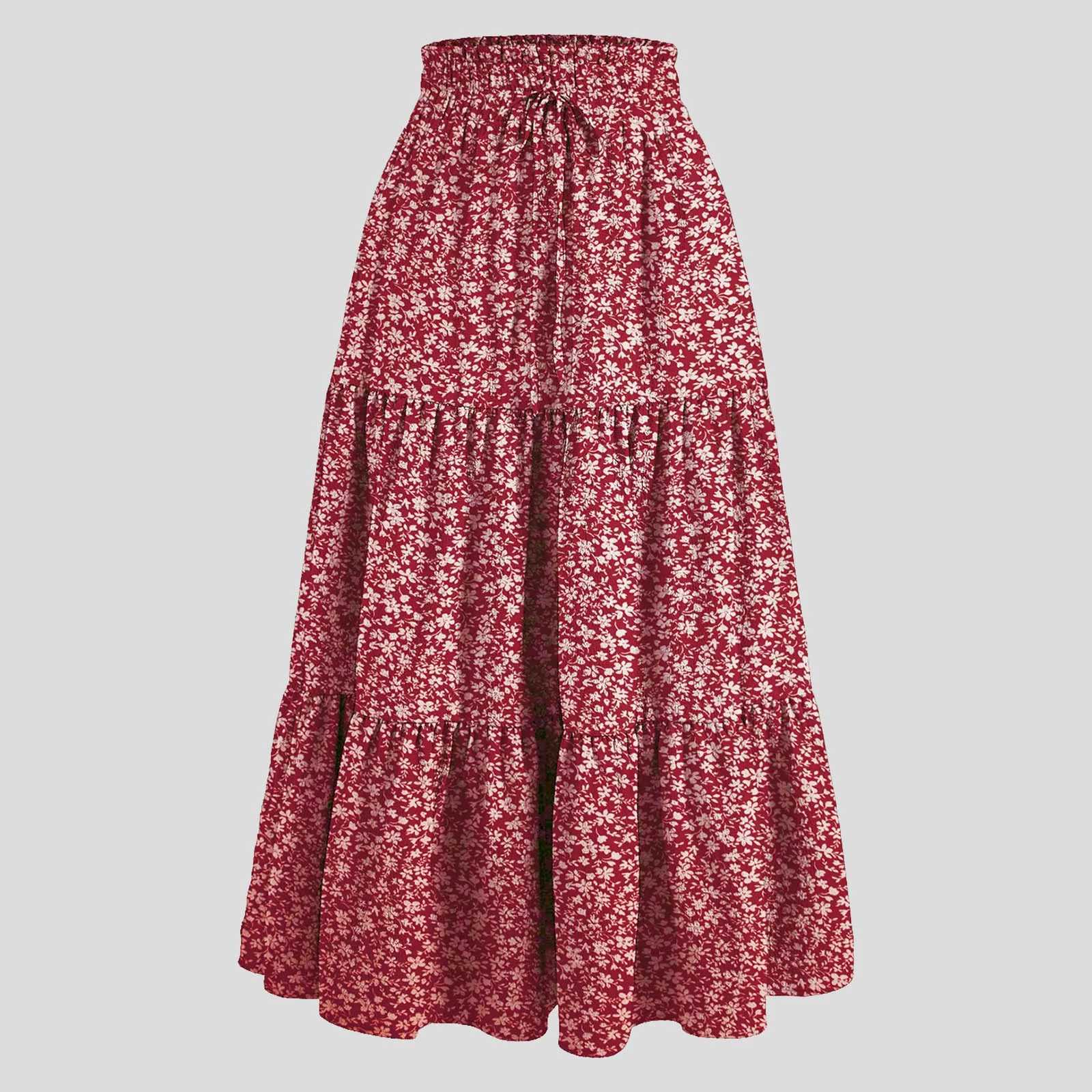 Skirts Womens Bohemian retro floral print Maxi leather elastic high waist pleated tassel A-line long kayak toddler autumn 2025 Falda Short Y250314CYGH