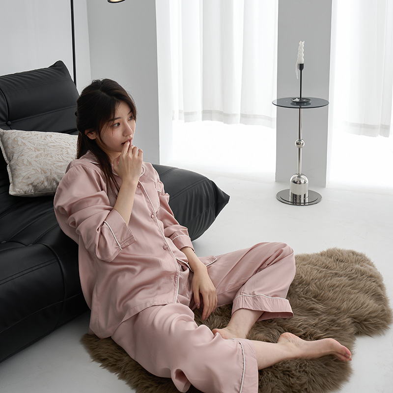 B776-Pure color home clothes ice silk pajamas women's summer long sleeve two-piece set can be worn outside