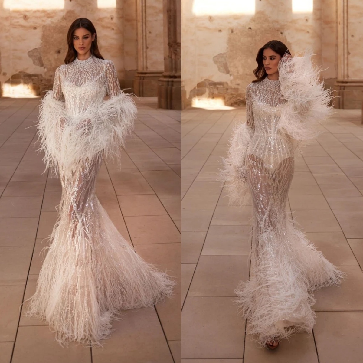 Gorgeous Evening Dresses For Women High Collar Long Sleeves Gown See Through Sequins Feather Sweep Train Party Customized Dress