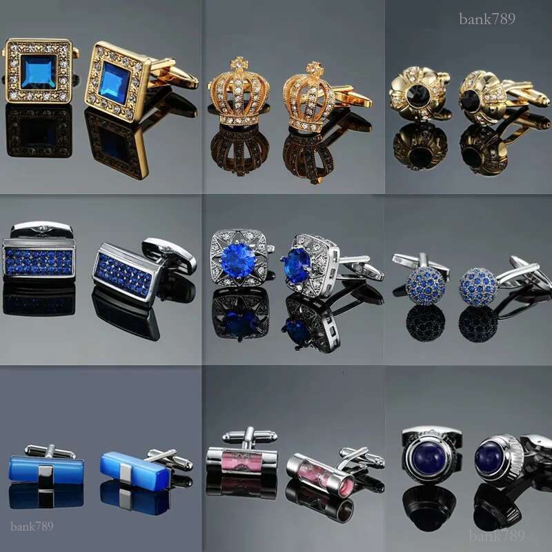 Luxury Classical French Men Crystal Copper Cuff Links Designer Jewelry Crown Sand Glass Rhinestone Silver Gold Enamel Business Shirt Suit Cufflinks We