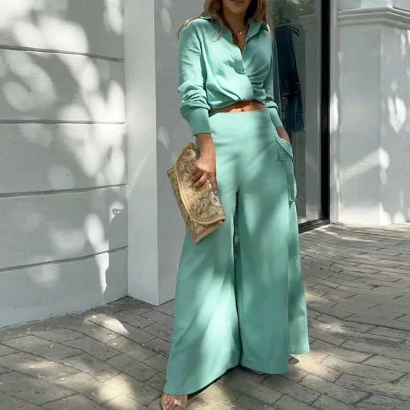 Spring And Autumn Fashion Elegant Solid V-neck Open Umbilical Womens Set Commuter Fashion Pocket Long Sleeve Shirt Pants SetT250314