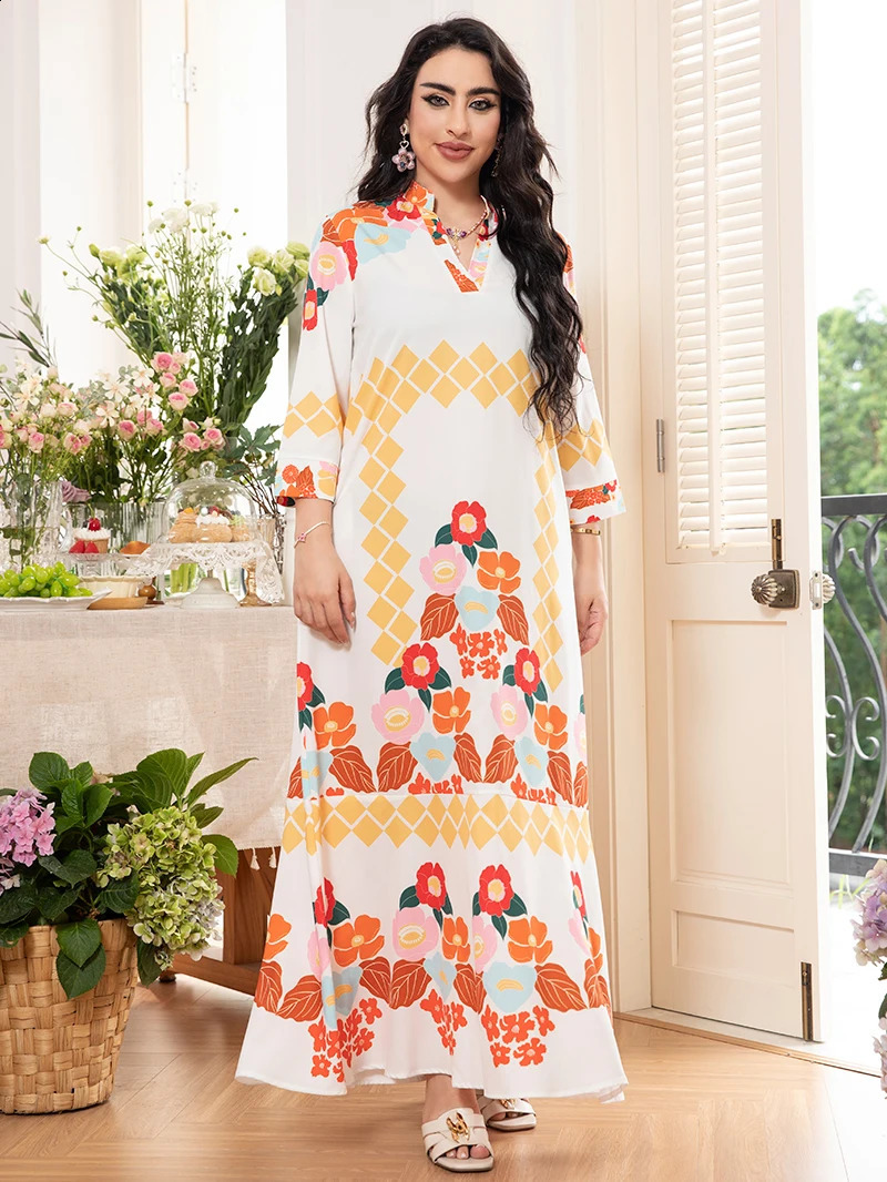 2025 Spring Arrival Sweet Vacation-Style V-Neck Floral Color-Blocked Long-Sleeved Midi Dress 250313