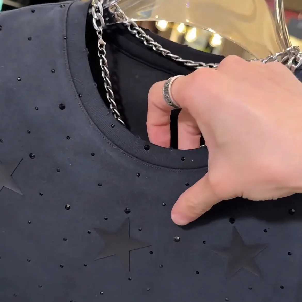 New Rhinestone Male T-Shirts Loose Round Neck Short Sleeve T-shirt Mens 2024 Summer New Fashion Versatile Casual Trendy T-shirtT250314