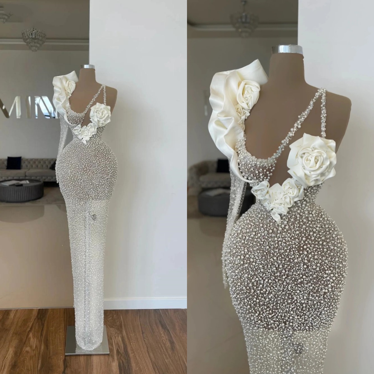 Designer Evening Dresses For Women Sheer Neck One Shoulder Gown Sequins Pearls 3D Appliques Sweep Train Party Customized Dress
