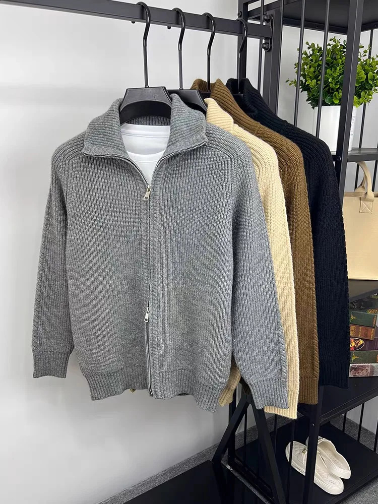 Advanced zipper sweater mens winter casual Korean trend solid color cardigan wool thick warm knit jacket 250311