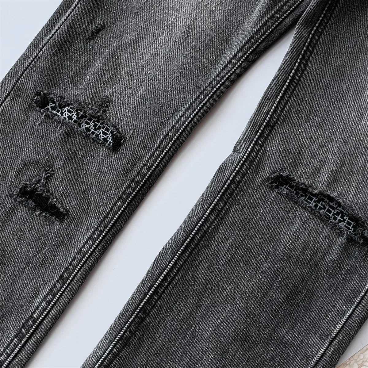 Black Gray Fashion KSUBI Cross Jeans Men Brand High Street Hole patch Trend Low Rise Stretch Skinny Pants Ripped Frayed TrousersT250314