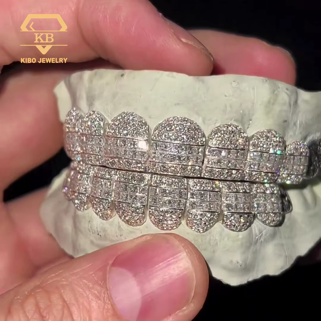 925 Sterling Silver Hybrid Grillz Round Baguette Cut 10 Top 10 Bottom Custom Iced Out VVS Moissanite Grillz for Teeth