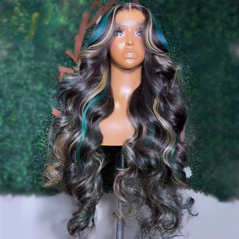 Free shipping New Malaysian Highlights Blue Blonde Colored 13x6 Transparent Lace Frontal Wig 13x4 Body Wave Human Hair Wigs PrePlucked SyntheticWig fo