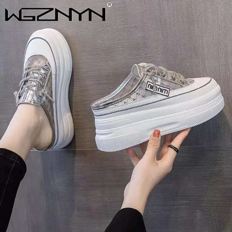 2025 New Baotou Women's Half Slippers Designer Trendy Fashion Mesh Breathable Heerless Thick Bottom White Shoes1