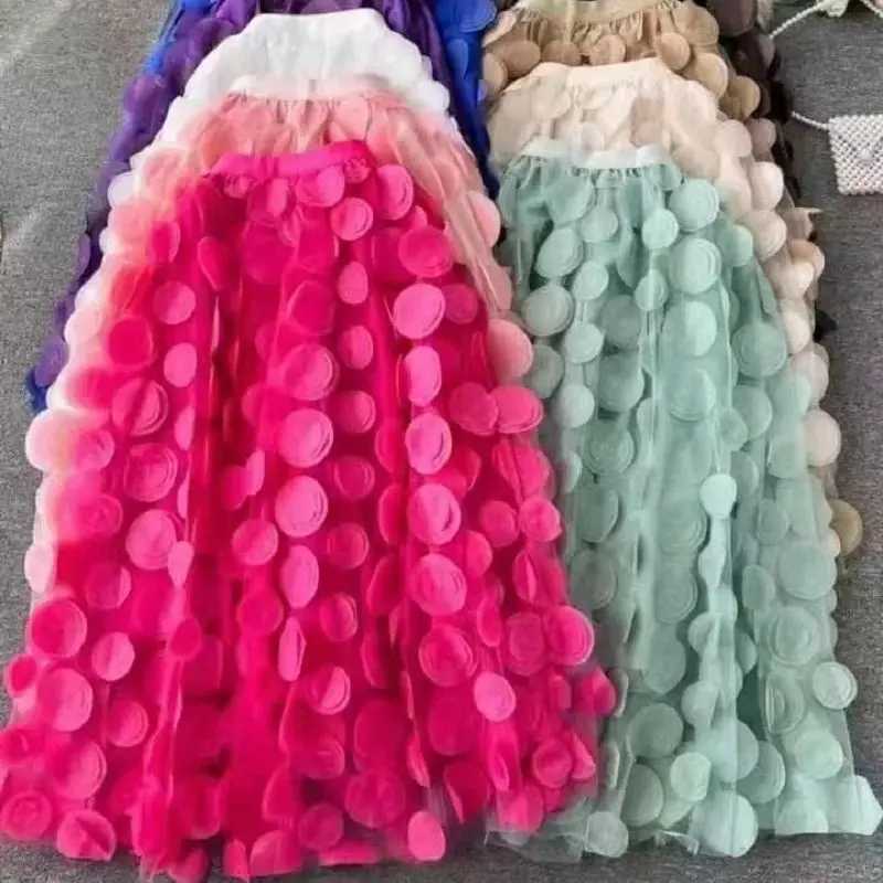 Skirts Tulle Skirt for Women 3D Polka Dot Elastic Waist Mesh Flowy A-Line Midi Skirts Wedding Halloween Party Costume Strtwear Y250314W5F5