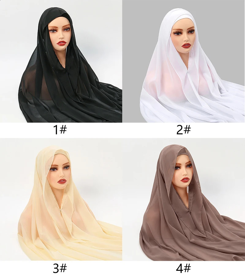 Premium Instant Chiffon Hijab with Bulit-In Magnets Solid Color Easy To Wear Shawl Wrap with Undercap for Muslim Women 250311
