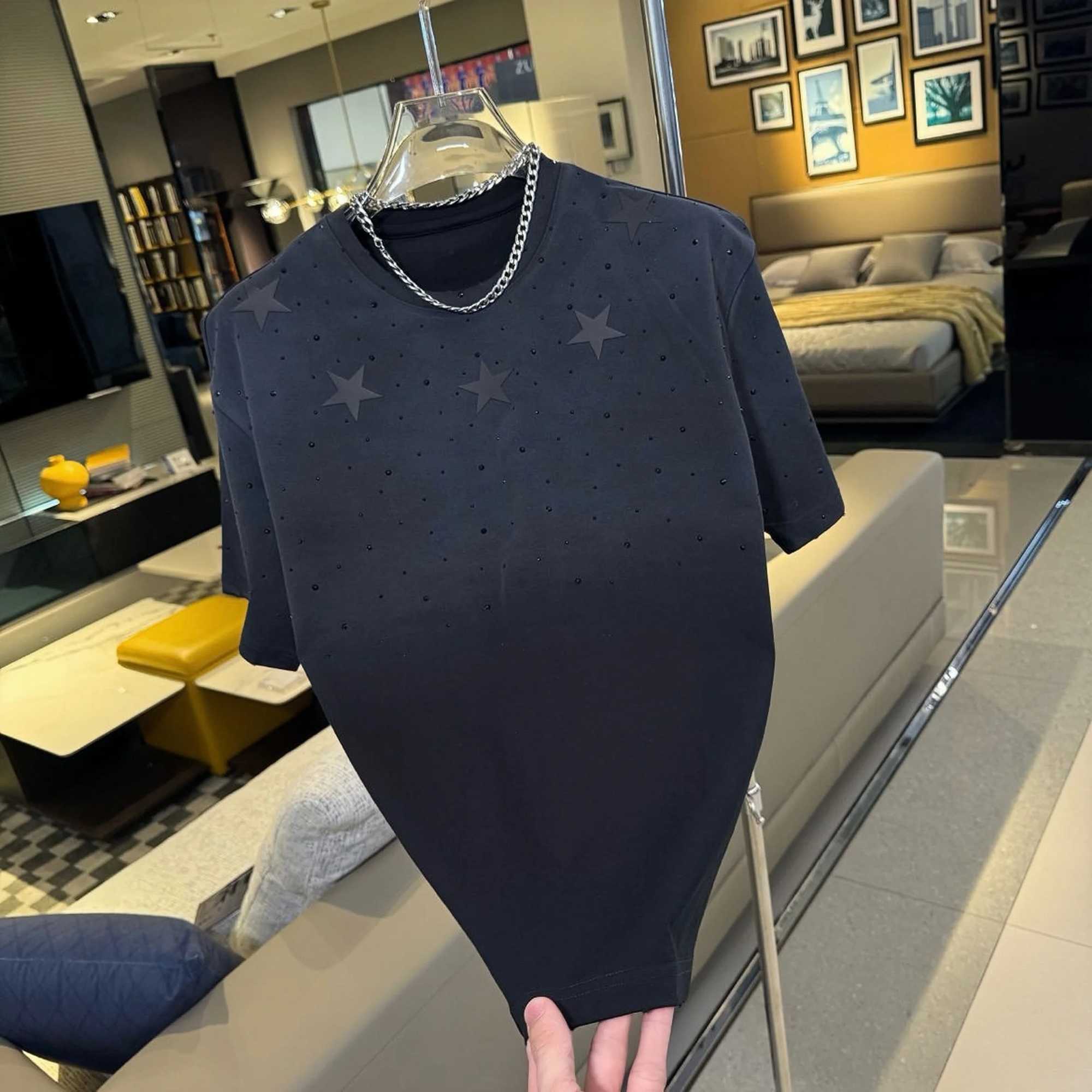 New Rhinestone Male T-Shirts Loose Round Neck Short Sleeve T-shirt Mens 2024 Summer New Fashion Versatile Casual Trendy T-shirtT250314