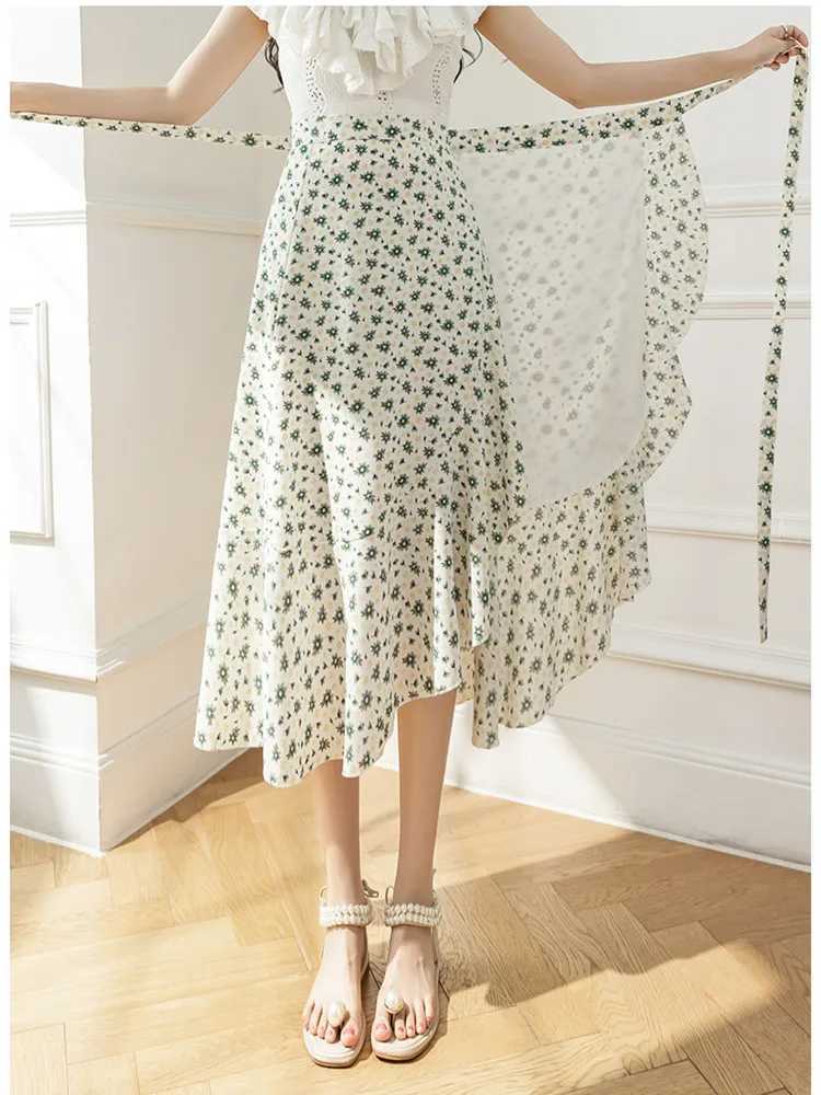 Skirts Realfert New Flower Printing A-line Skirts Bohemia 2025 Summer Spring High Waist Retro Womens Midi Length Integrated Skiing Y250314LX5O