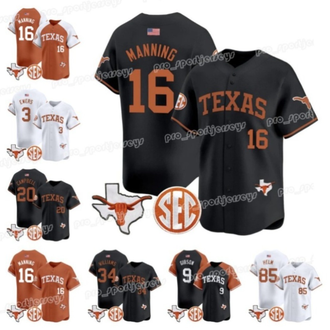 Custom Texas Longhorns Baseball Jersey 16 Arch Manning 3 Quinn Ewers 5 Bijan Robinson 34 Ricky Williams 1 Xavier Worthy Jerseys Stitched