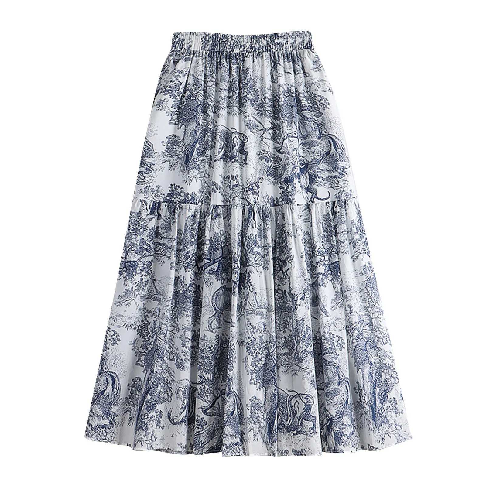 Skirts Sparkly Skirts Womens Spring/Summer Waist Vintage Ink Painting Printed Cotton Leather Medium Length Metal Leather Y2503143AXH