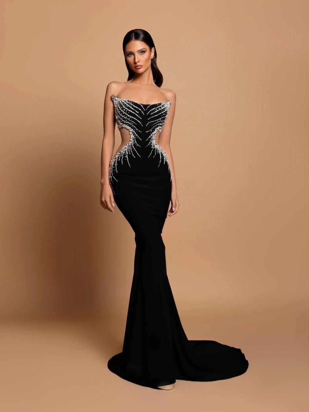 Vintage Evening Dresses For Women Strapless Sleeveless Gown Crystal Sequins Backless Sweep Train Party Customized Dress