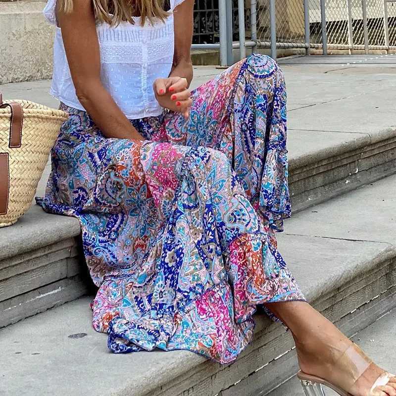 Skirts Womens Elegant High Waist Beach Party Skirts 2025 Spring Summer Casual Loose Maxi Skirt Vintage Patterned Print Boho Long Skirts Y250314DRR2