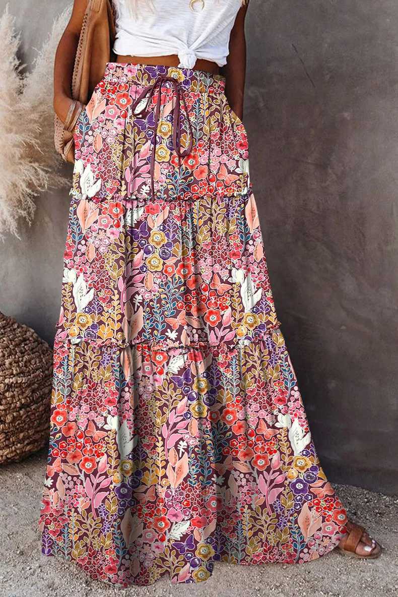 Skirts New long leather retro loose casual high waisted leather Bohemian style patchwork work pleated pocket leather Y250314QZQ8