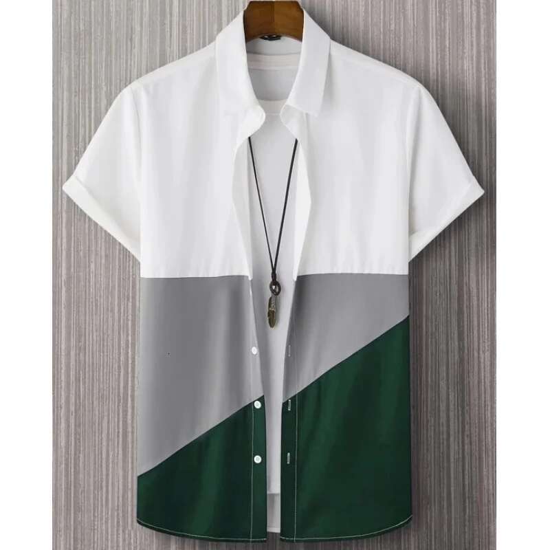 New Shirts For Men Patchwork Plaid Printed Men Clothing Summer Casual Short Sleeved Daily Street Tops Loose Oversized Shirt