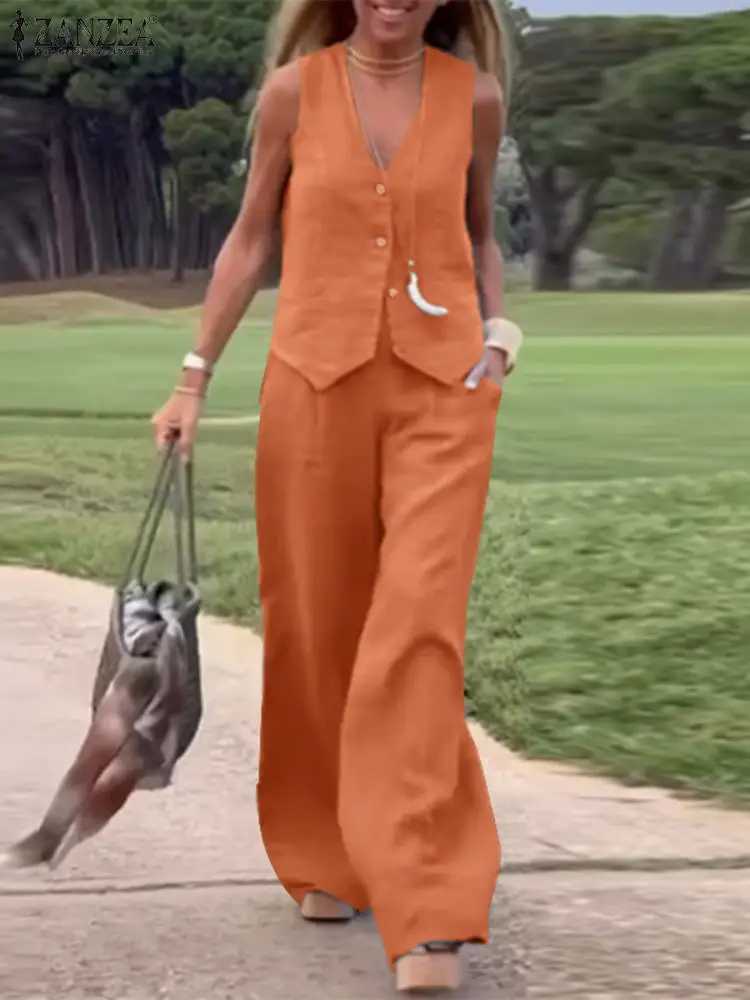 2025 ZANZEA Woman Elegant 2-Piece Pant Sets Casual Vest and Pants Sets Old Money Style Suits 2pcs Outfits Wide Leg Trouser SetsT250314