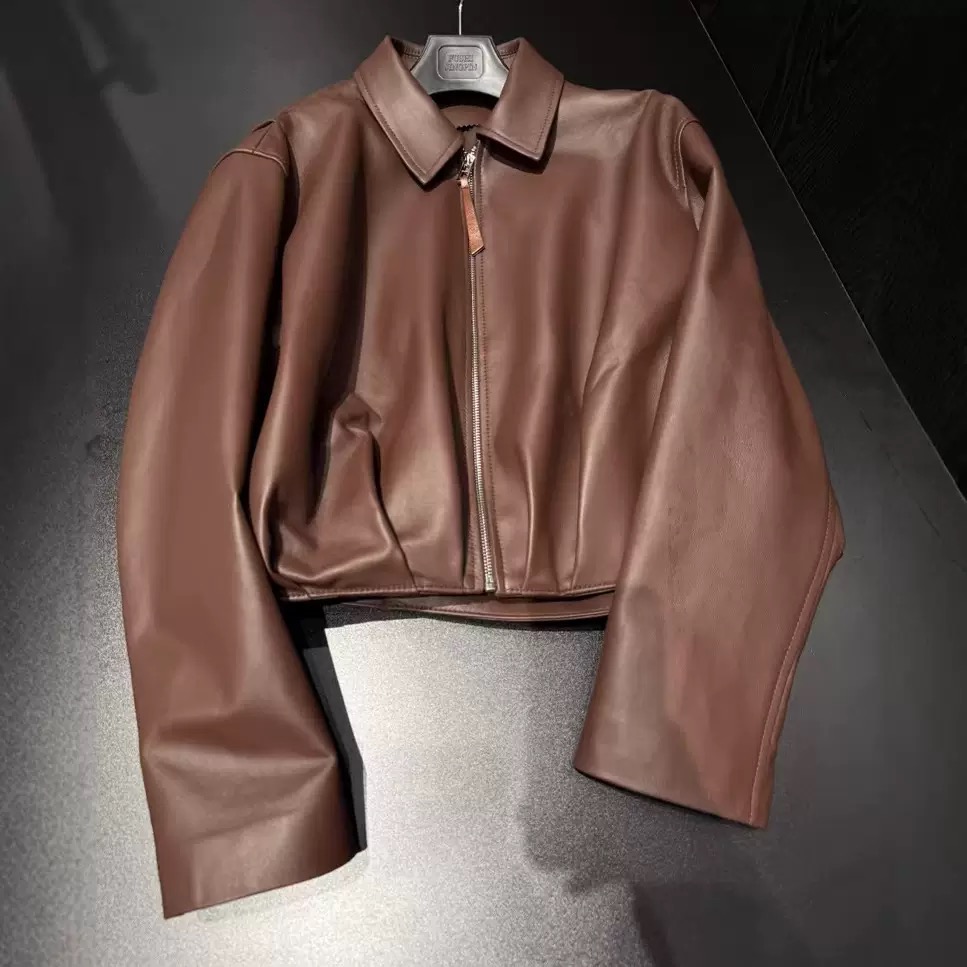 Lo Ladies chocolate brown drape leather Jacket 2025