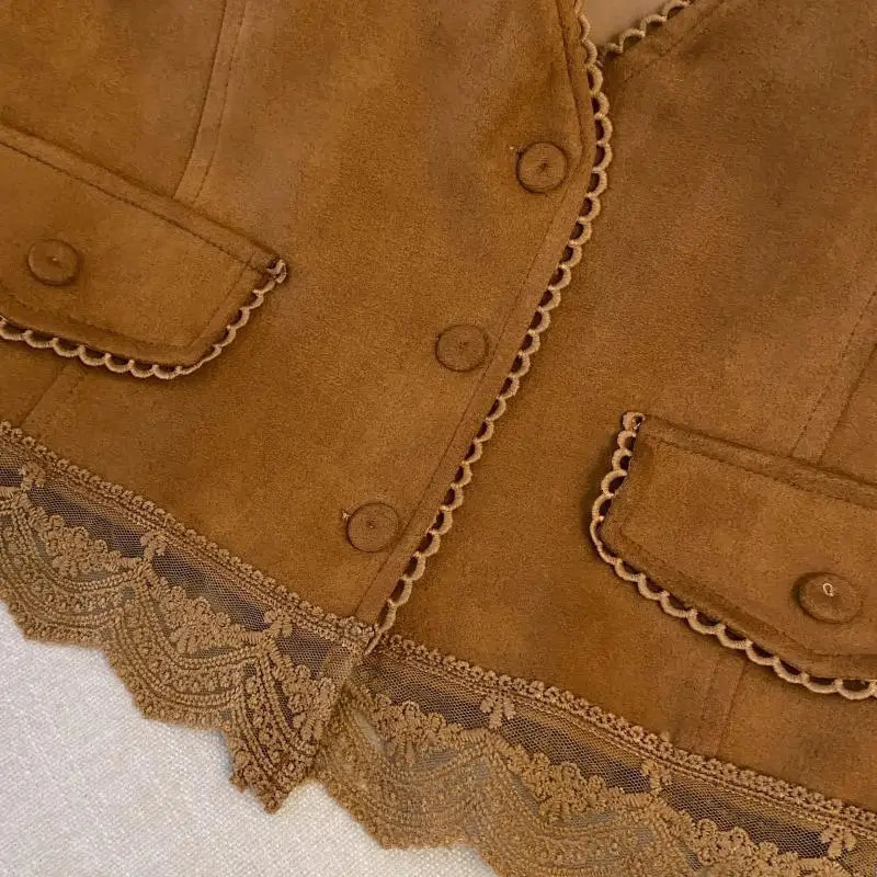Womens Suede Vest Lace Patchwork Waistcoat 250314