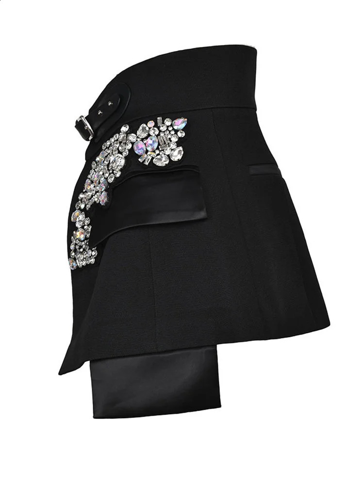 EAM Black Irregular Rhinestones Belted Mini Half-body Skirt High Waist Women Fashion Spring Autumn 2025 JY75801 250313