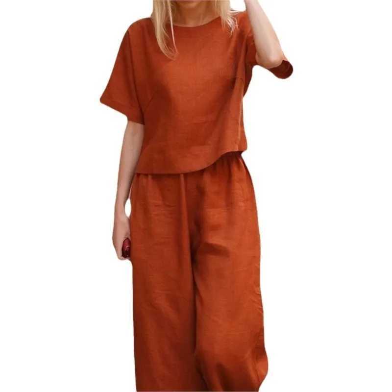 New casual women set loose solid color shirt with cotton and linen patchwork round neck short sleeved top and pants twopiece setT250314