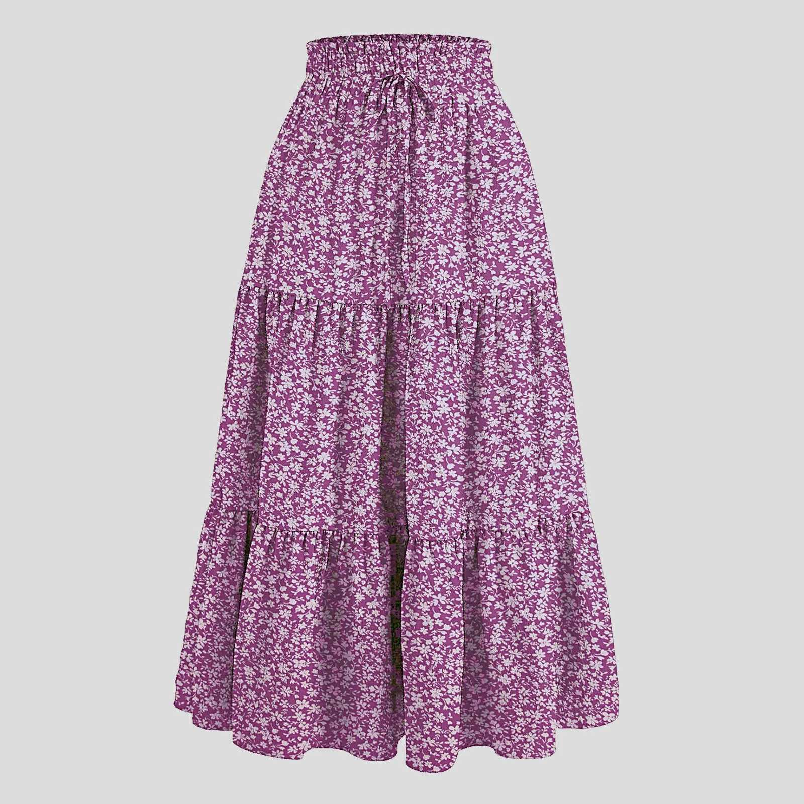 Skirts Womens Bohemian retro floral print Maxi leather elastic high waist pleated tassel A-line long kayak toddler autumn 2025 Falda Short Y250314CYGH