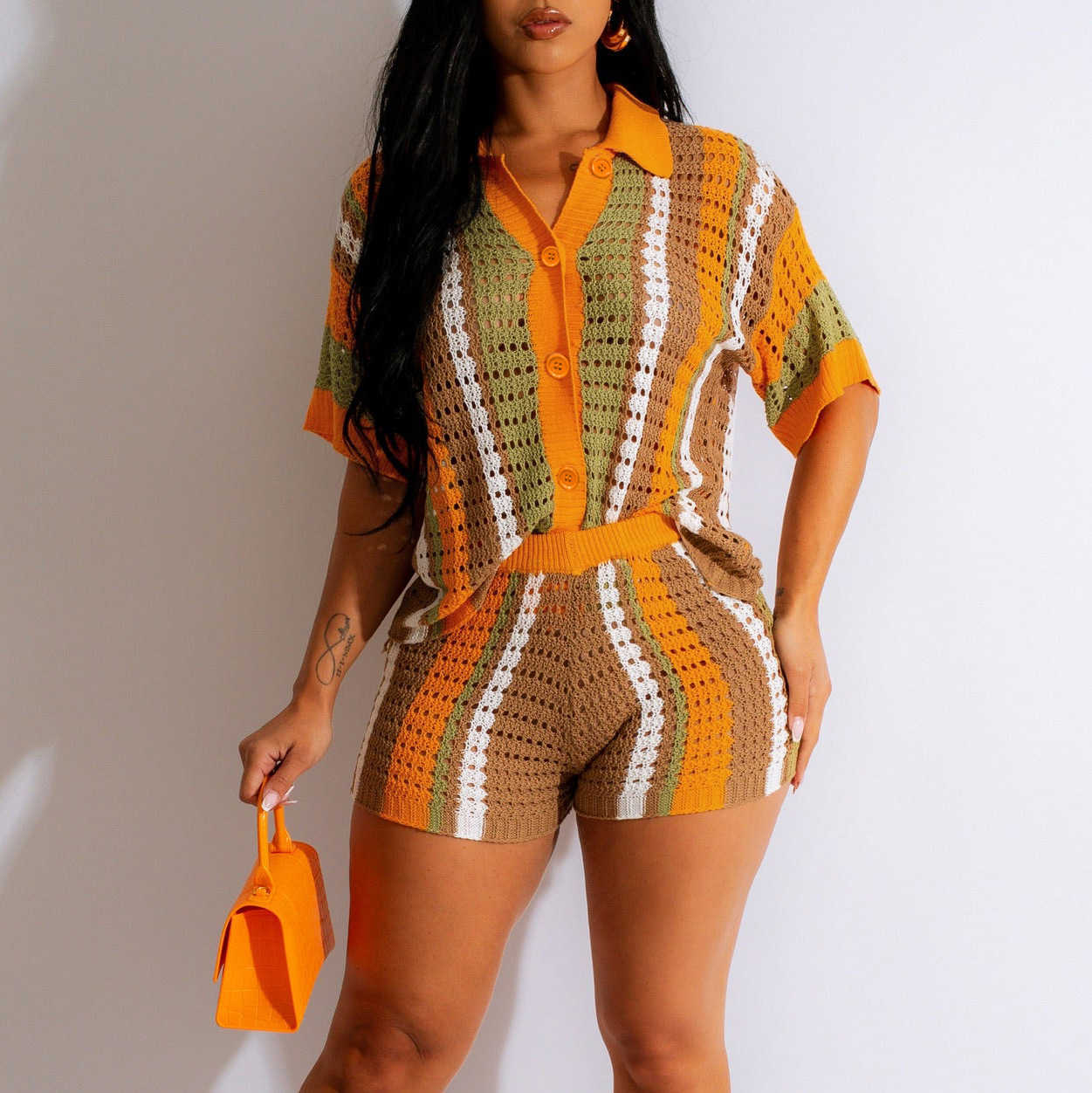 Womens sexy womens hollowed out perspective contrasting lapel knit shorts set T250313