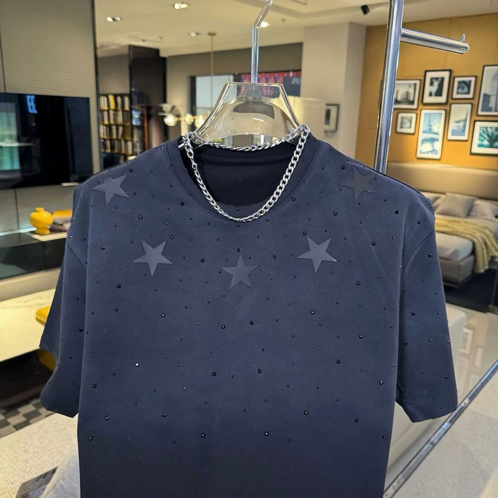 New Rhinestone Male T-Shirts Loose Round Neck Short Sleeve T-shirt Mens 2024 Summer New Fashion Versatile Casual Trendy T-shirtT250314