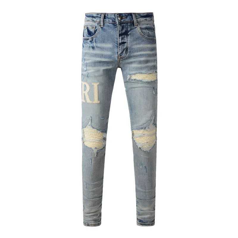 Designer fashion new mens jeans washed nostalgic stretch slim fit retroblue jeans hip-hop brand pants HombreT250314