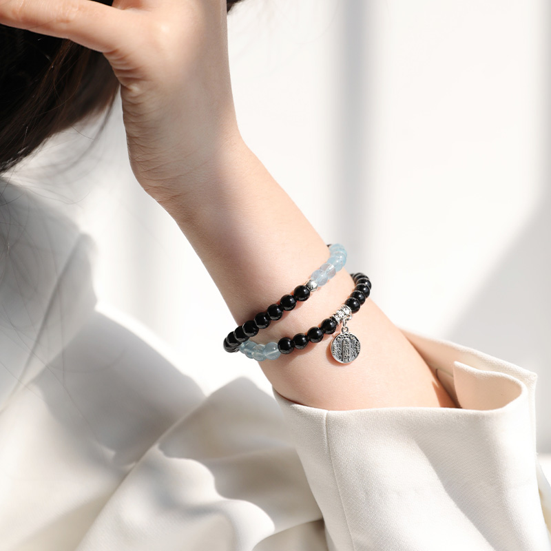 Putuoshan fortune transfer natural obsidian aquamarine string sterling silver five-way God of Fortune double circle crystal bracelet female