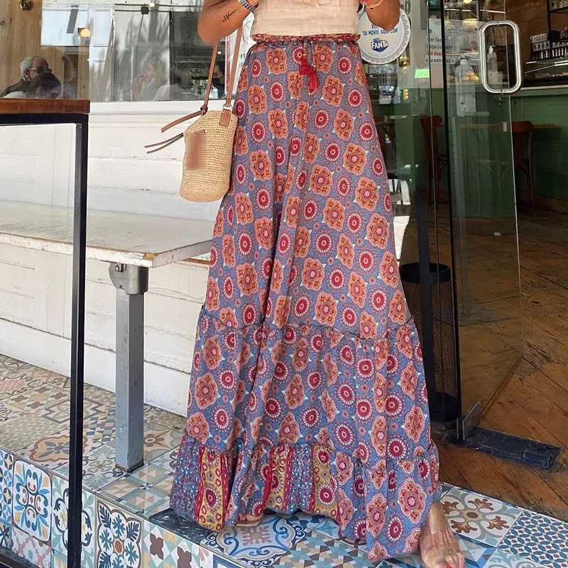 Skirts Womens Elegant High Waist Beach Party Skirts 2025 Spring Summer Casual Loose Maxi Skirt Vintage Patterned Print Boho Long Skirts Y250314DRR2
