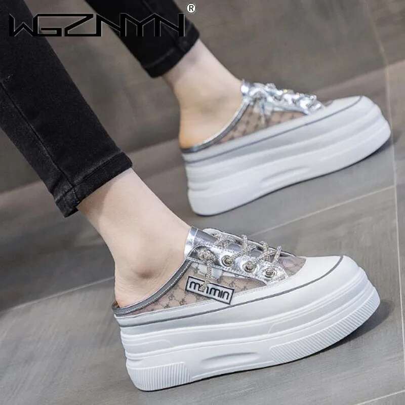 2025 New Baotou Women's Half Slippers Designer Trendy Fashion Mesh Breathable Heerless Thick Bottom White Shoes1