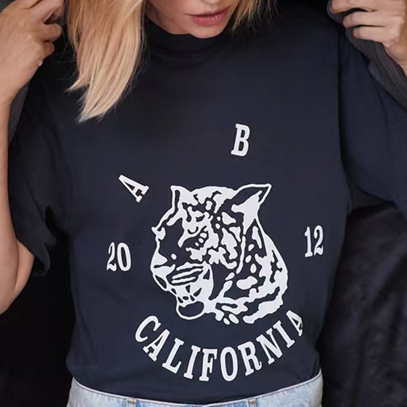 2025 Summer New Tiger Head English Letter Printed T-shirt Classic Black Cotton Women's Short Sleeve T-shirt Round Neck Pullover Top