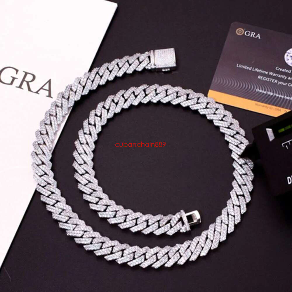 Designer Necklace Hip Hop 2 Rows Stones 14mm Sterg Sier White Gold Plated Iced VVS Dia Moissanite Cuban k Chain Rock Jewelry Gift with Gra