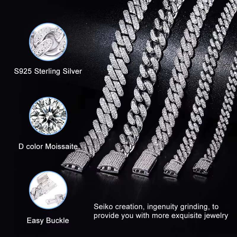Hip Hop Jewelry Necklace Men D Color VVS Gold plated Mossanite k Cuban Moissanite Chain